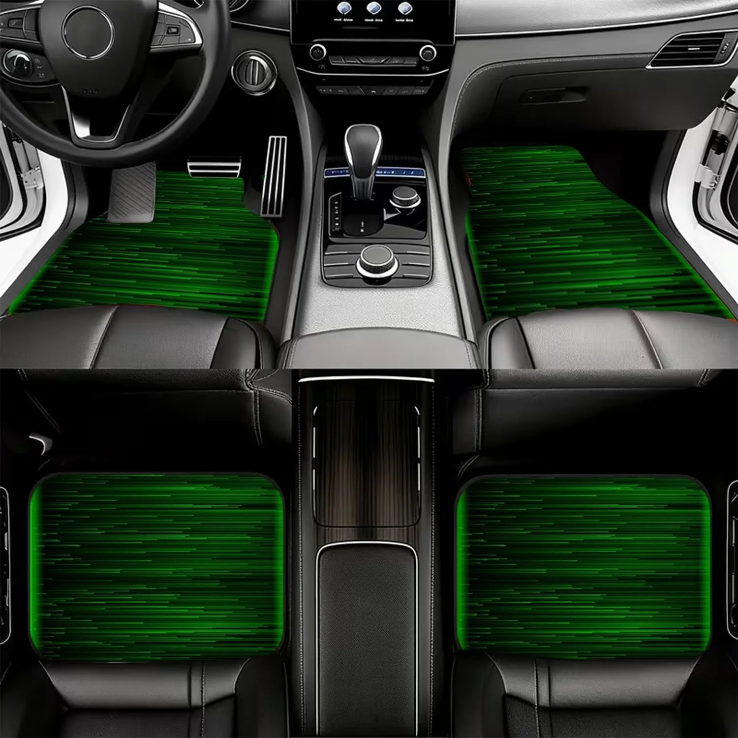 4pcs Car Floor Mats, Matrix Green Digital Lines Design, Material, Sleek Modern Style, Universal Fit For Cars, Non-, Stylish Inte