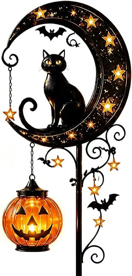 Solar Halloween Black Cat & Pumpkin Moon Garden Stake Light, Solar Garden Decoration, Outdoor Waterproof Metal for Yard Lawn