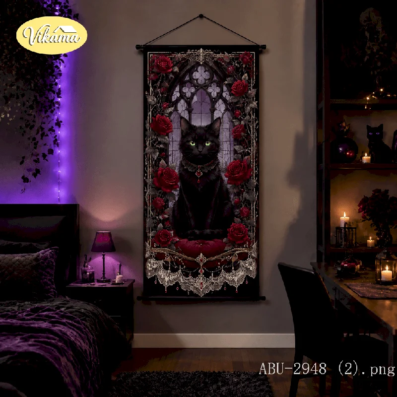 VIKAMA Gothic Canvas Wall Art Black Cat Red Rose Stained Glass Dark Academia Witchy Spooky Living Room Decor