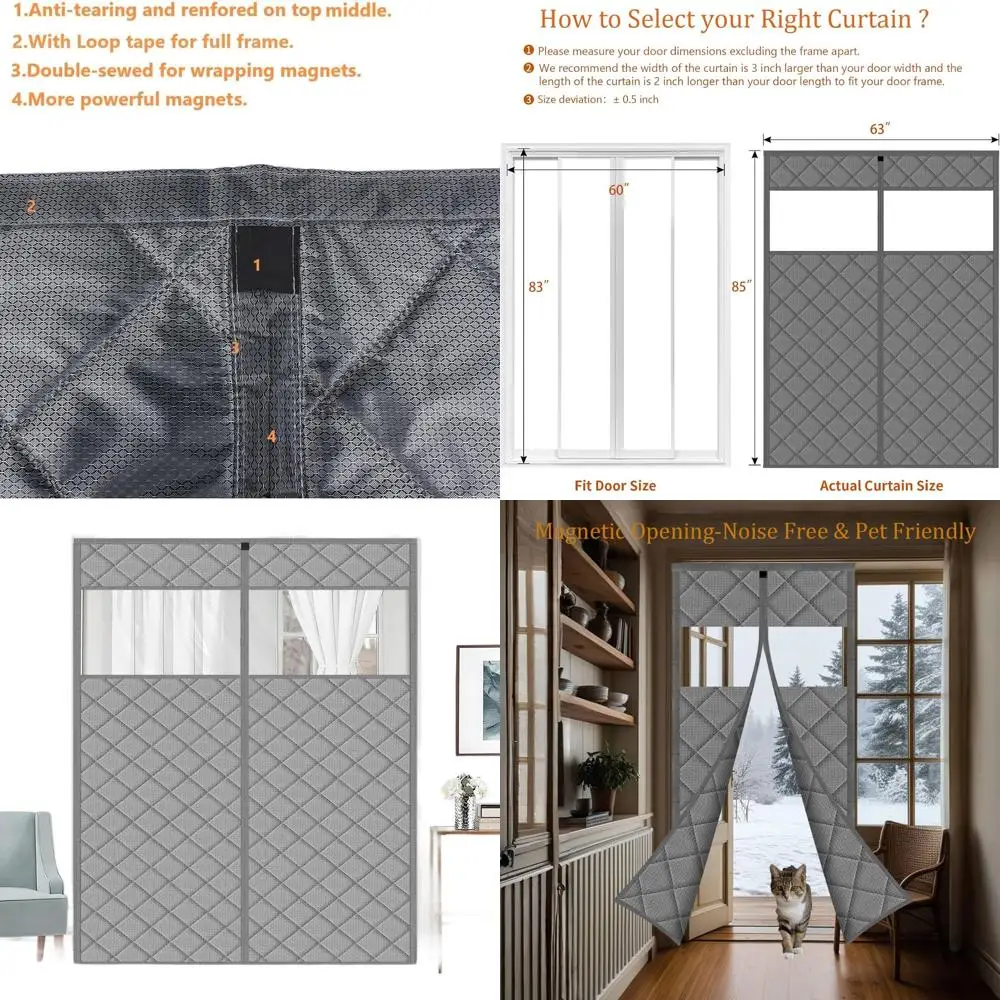 

Gray Diamond Pattern Magnetic Insulated Thermal Door Curtain, 63x85 for 60x83 Doors, Center Open, Keeps Warm/Cool