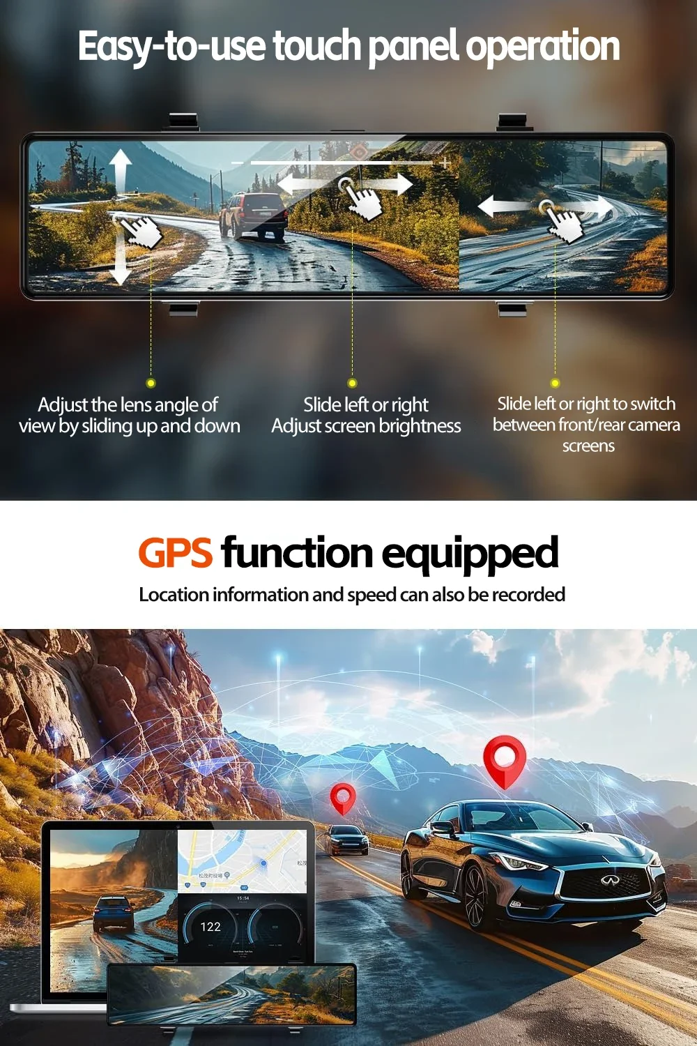 Cámara de salpicadero con espejo táctil 4K de 12 ", GPS IMX589, cámara Dual frontal y trasera, Control por aplicación WiFi, visión nocturna WDR, Monitor de estacionamiento, cámara DVR