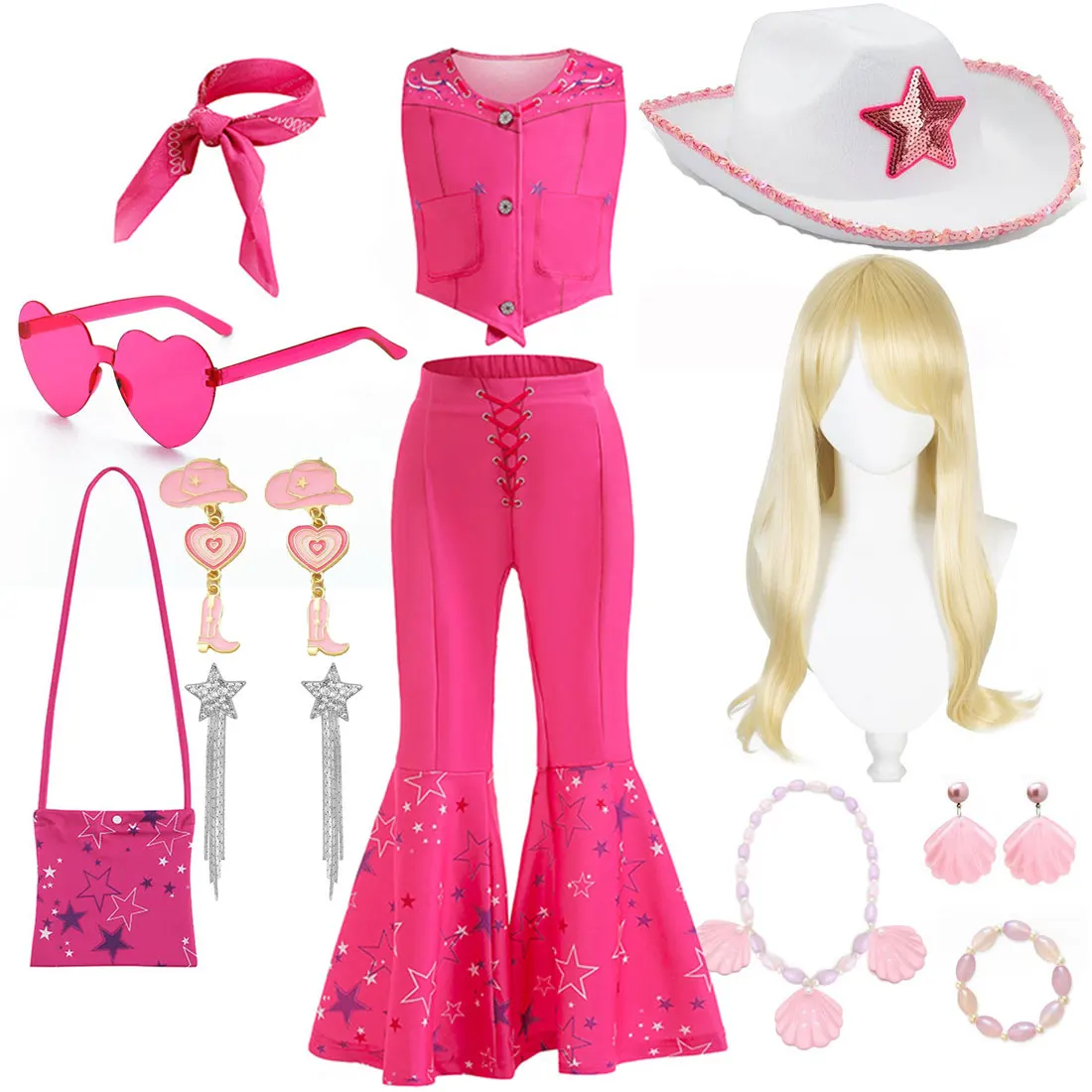 Barbie's New Movie Barbie-Style Dress For Girls Cute Sleeveless Rose Red 3-Piece Top and Bell Bottoms + Accessories Matching Set