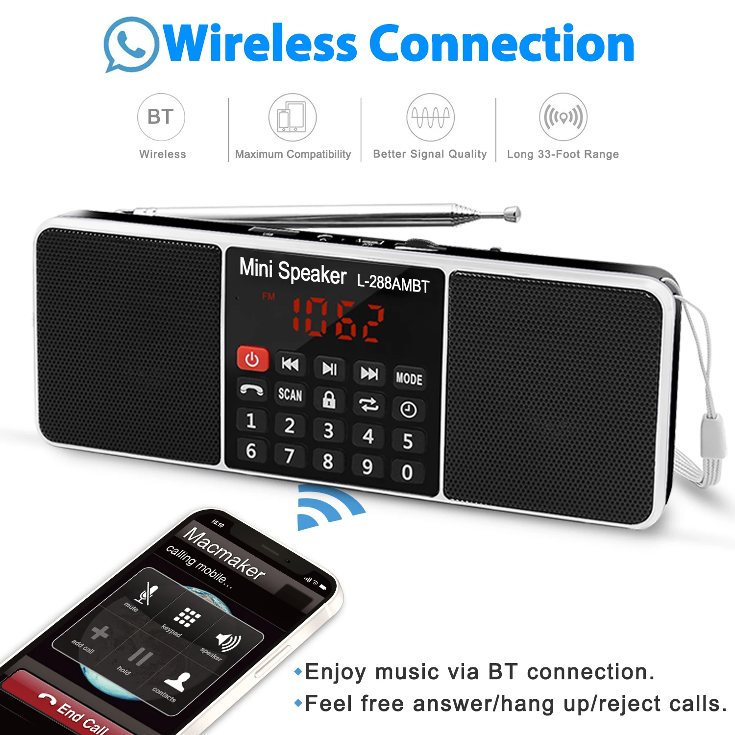 Lefon Digital Bluetooth Radio AM FM Portable Speaker Stereo MP3 Player TF SD Card USB Drive Handsfree Call Rechargable Speakers