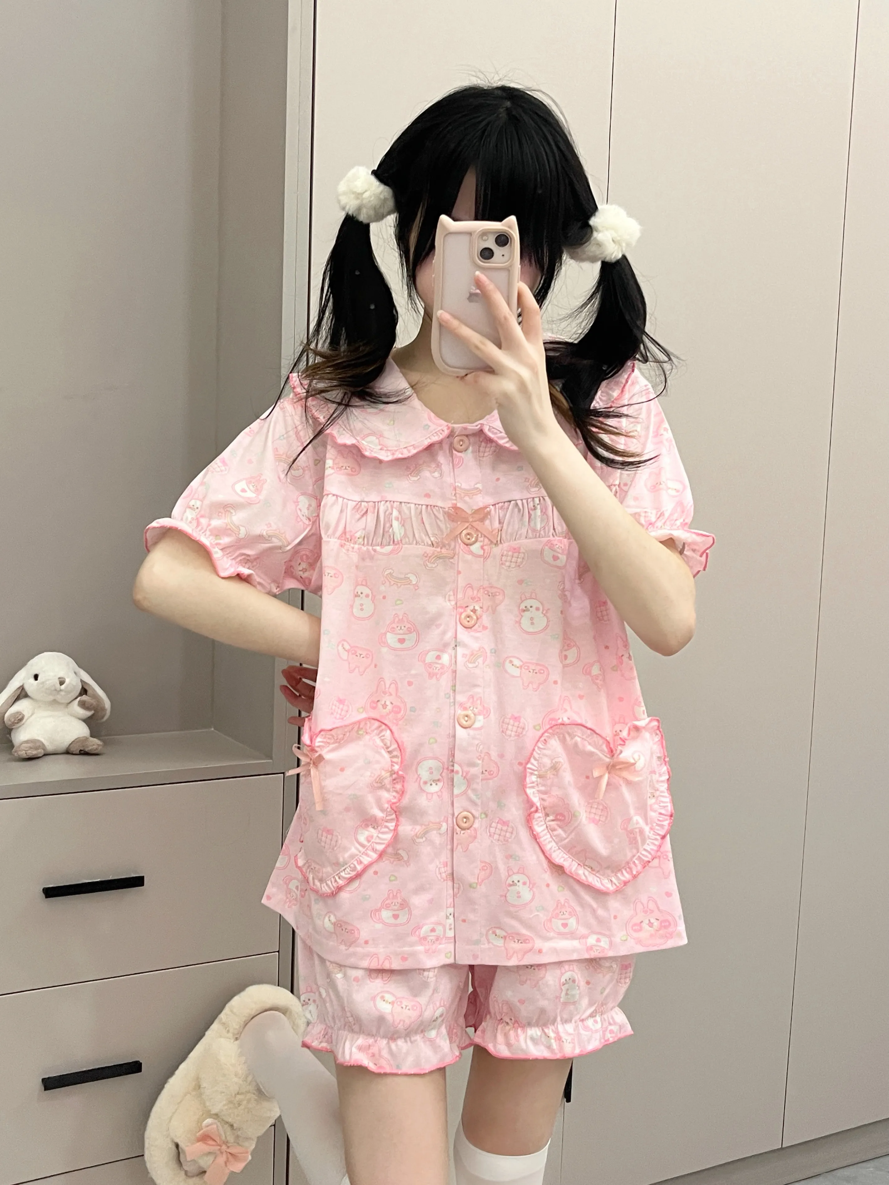 Japanese original sweet girl pink summer short-sleeved suit cartoon cute casual loose loungewear