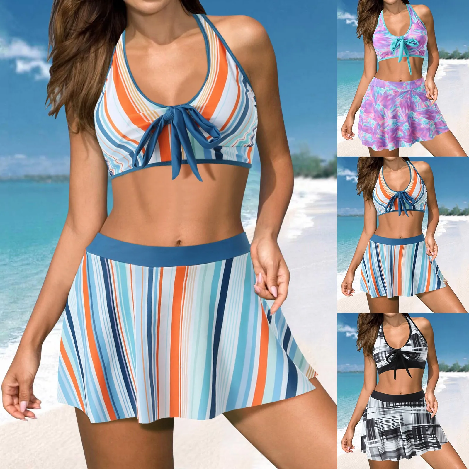 

Women Sexy Swimsuits With Skirt 2 Piece Swimwear Color Block Bathing Suits
