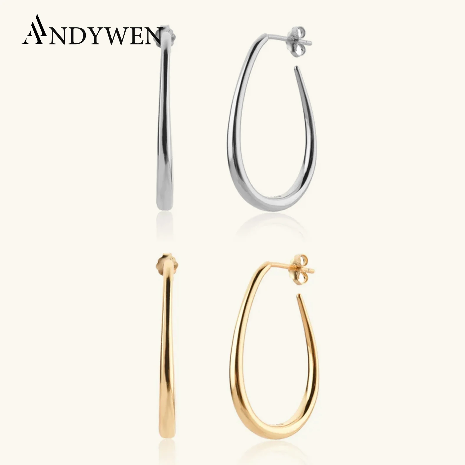 ANDYWEN-pendientes de plata de ley 925 para mujer, aros de óvalo grande, Piercing, círculos, Clips, joyería de lujo, lazos finos