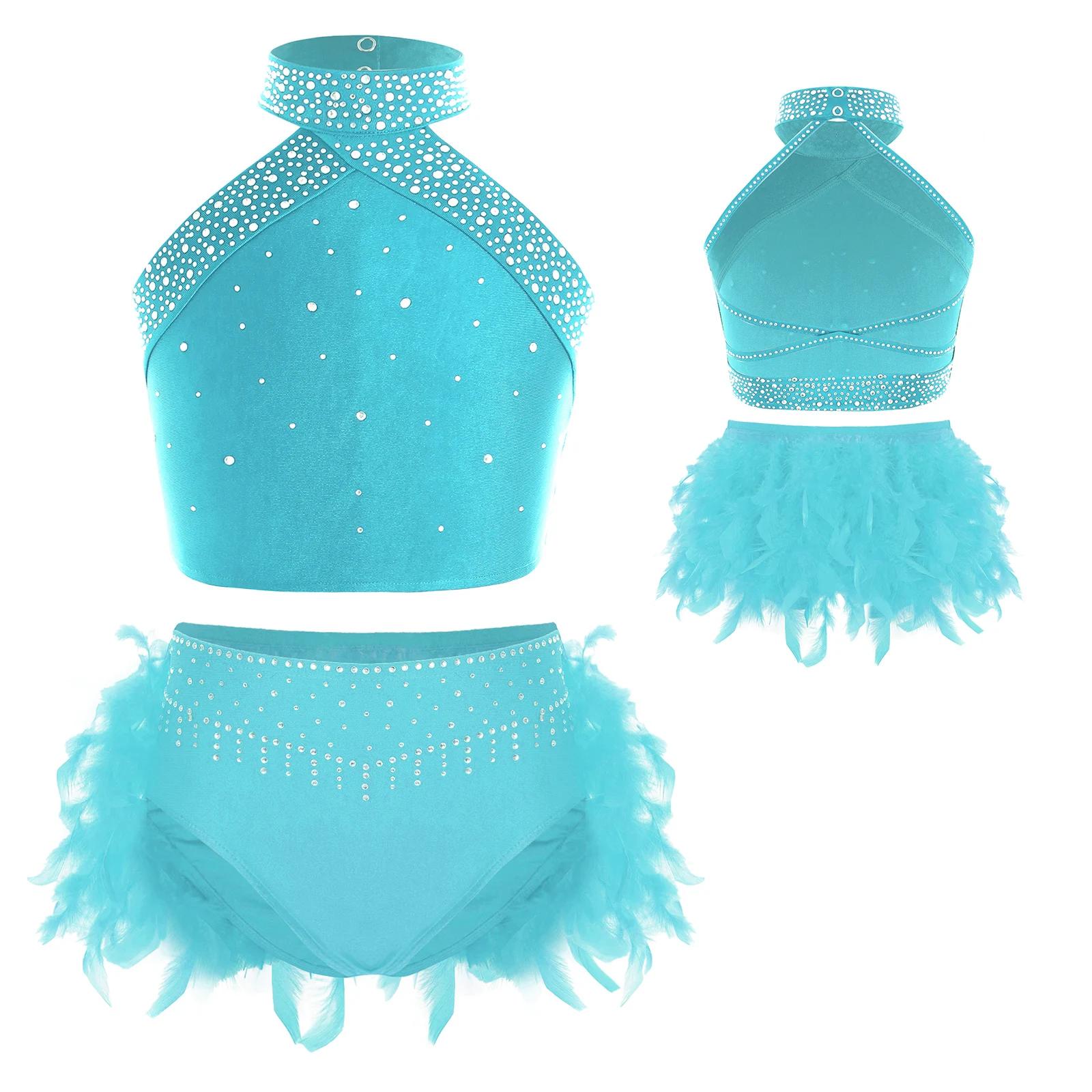 Gymnastics Girls Lyrical Dance Costume Halter Neck Sleeveless Backless Rhinestone Ballet Vest with Feather Briefs for Stage Show