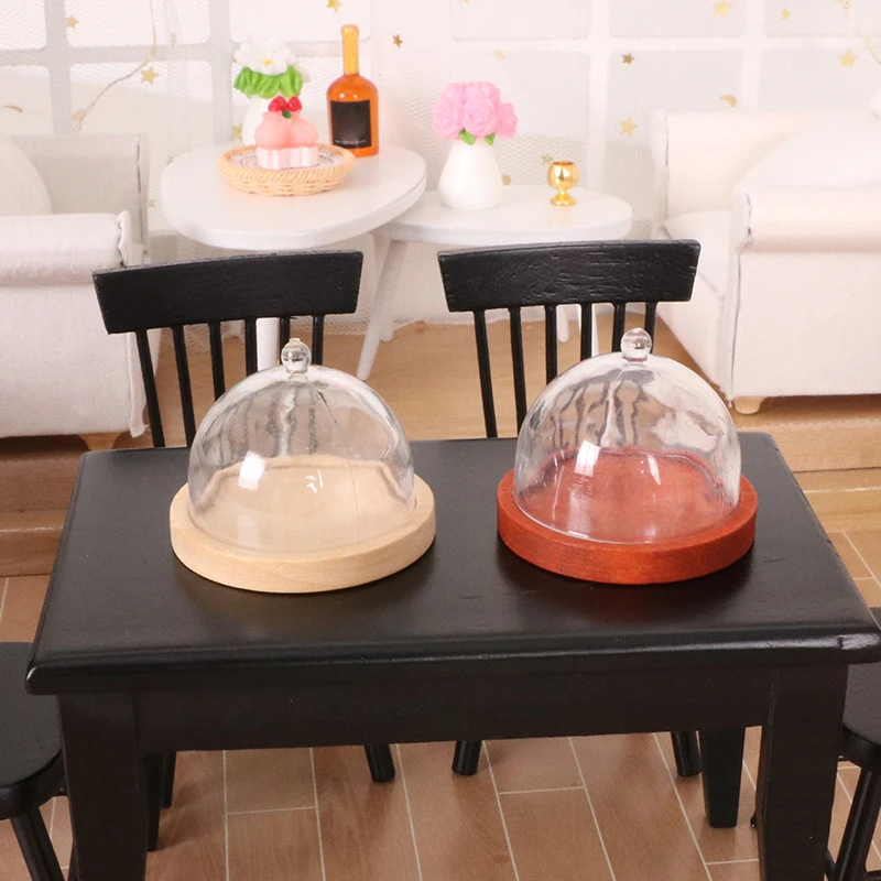 Bandeja alta transparente en miniatura para casa de muñecas, plato de postre con cubierta, bandeja de fruta para pastel, decoración de cocina, accesorios para casa de muñecas, 1:12