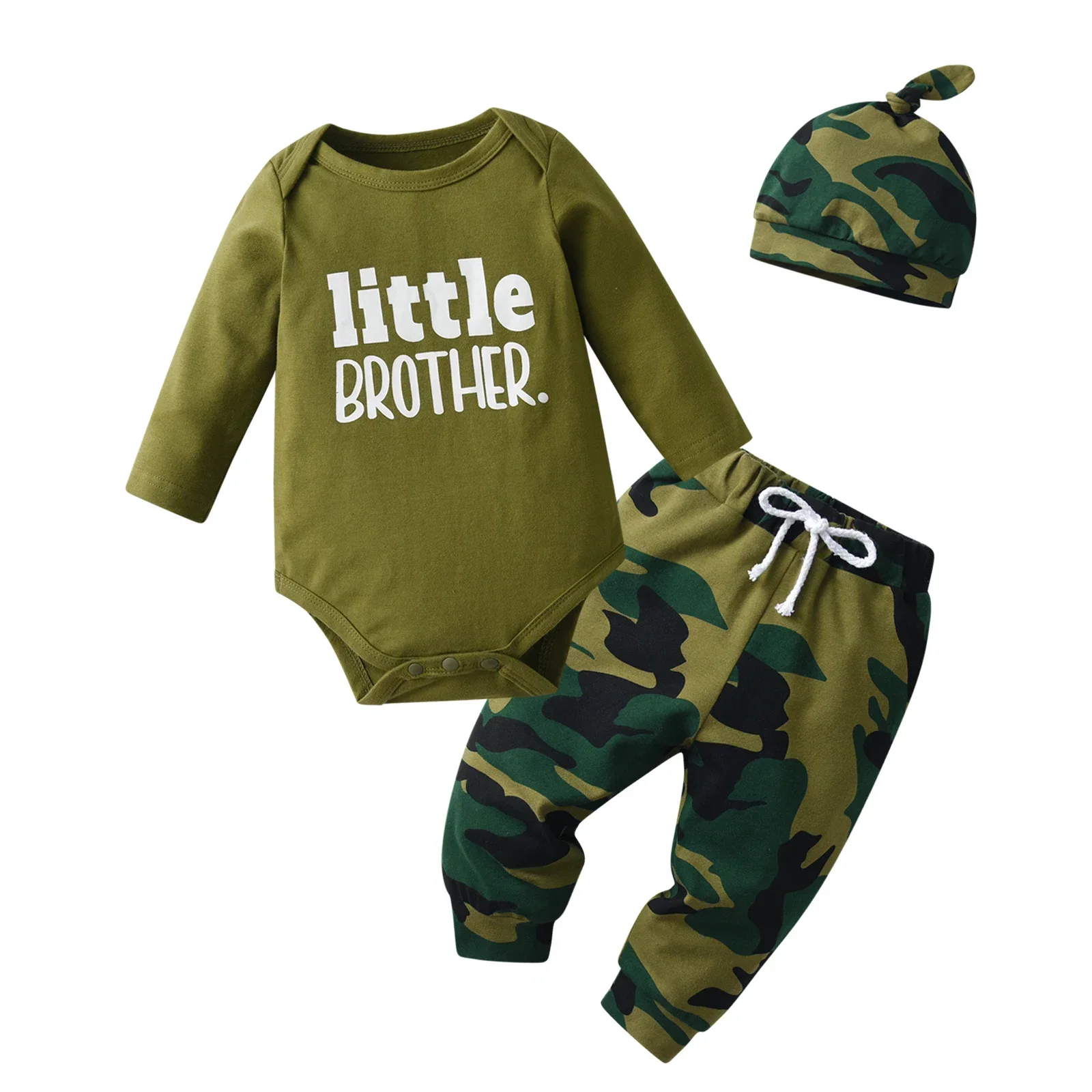 3PCS Newborn infant Baby Boy Clothes Set Cotton Letters Printed Long Sleeve Romper Bodysuit Top Camo Pants Hat Outfit for Boys