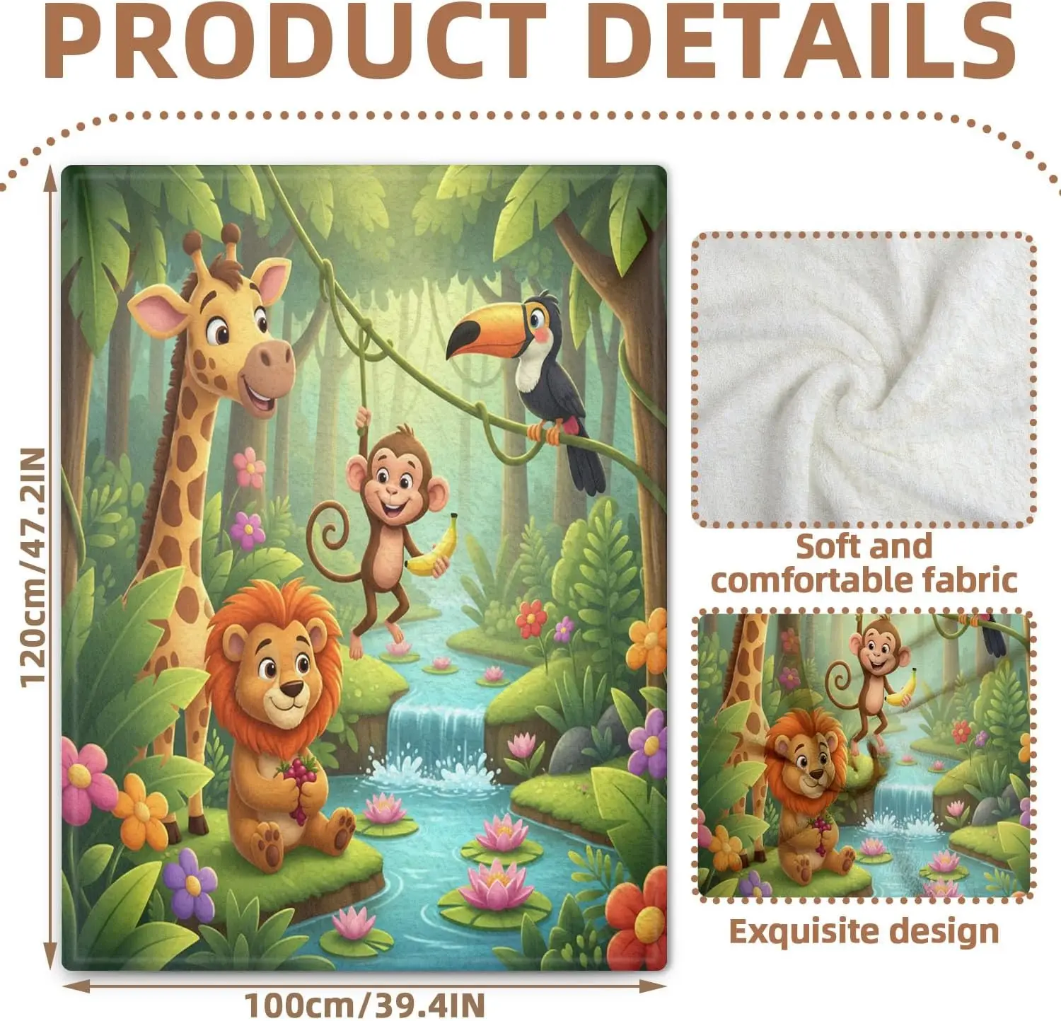 Cartoon Jungle Giraffe Lion Monkey Toucan Waterfall Floral Green Base Flannel Throw Blanket, Soft Warm Sofa Cover, Kids Bedroom