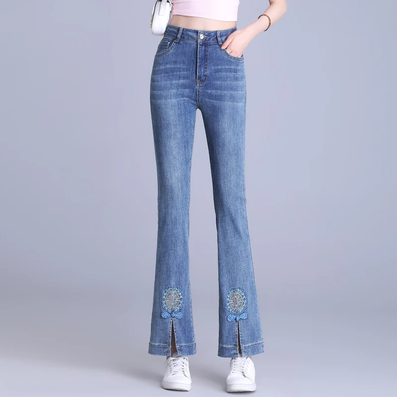 

Модные новые китайские джинсы-клеш с высокой талией для женщин, летние, утягивающие, джинсовые, с разрезами, средней длины, из смесового хлопка