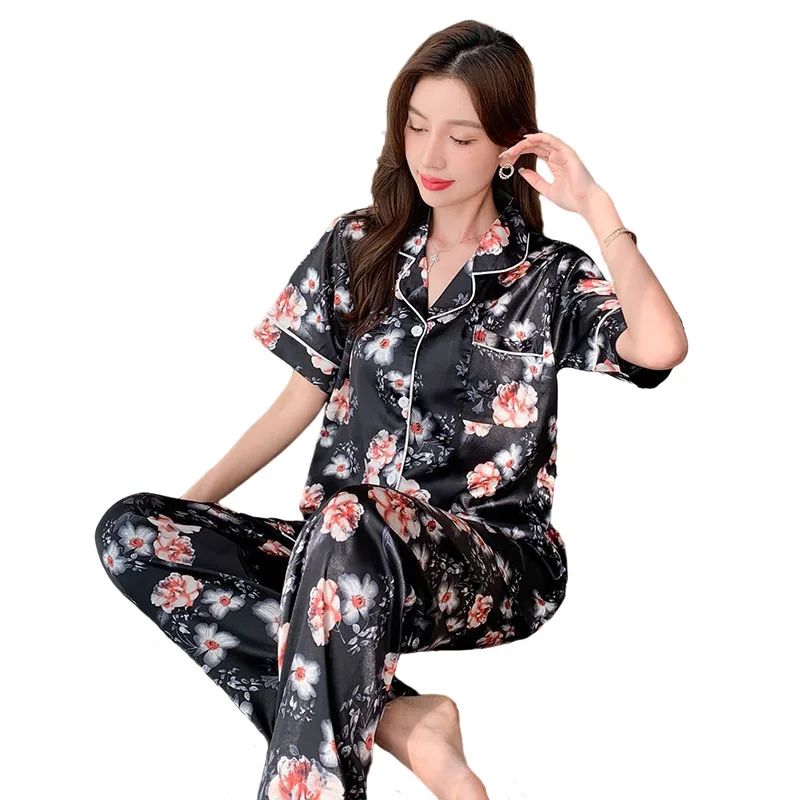 3XL-8XL Women\'s Pajamas Summer Design Silk Sleepwear Flower Home Wear Plus Size Lingere Loungewear Women Pajama Sets Nightwear