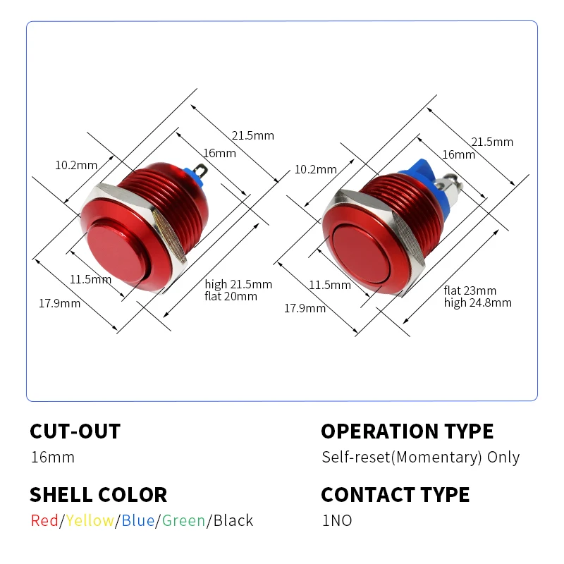 16mm Mini Push Button Switch HS16 Waterproof Momentary Self Reset Metal Switch Oxidation Red Yellow Blue Green Black VaneAims