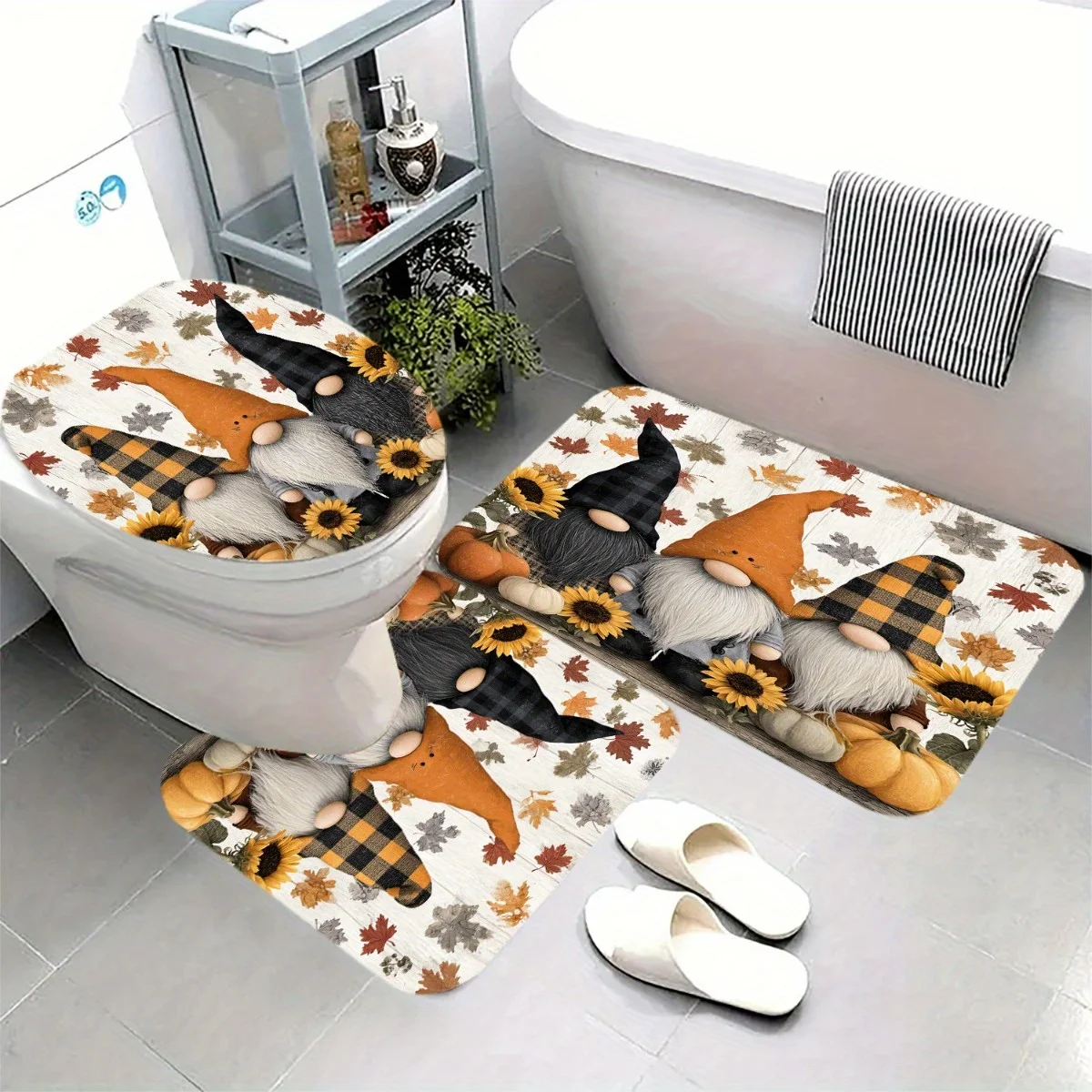 

3pcs Fall Pumpkin Sunflower Goblin Bathroom Rug Set, made of soft flannel fabric, non-slip and machine washable, suitable for Ch