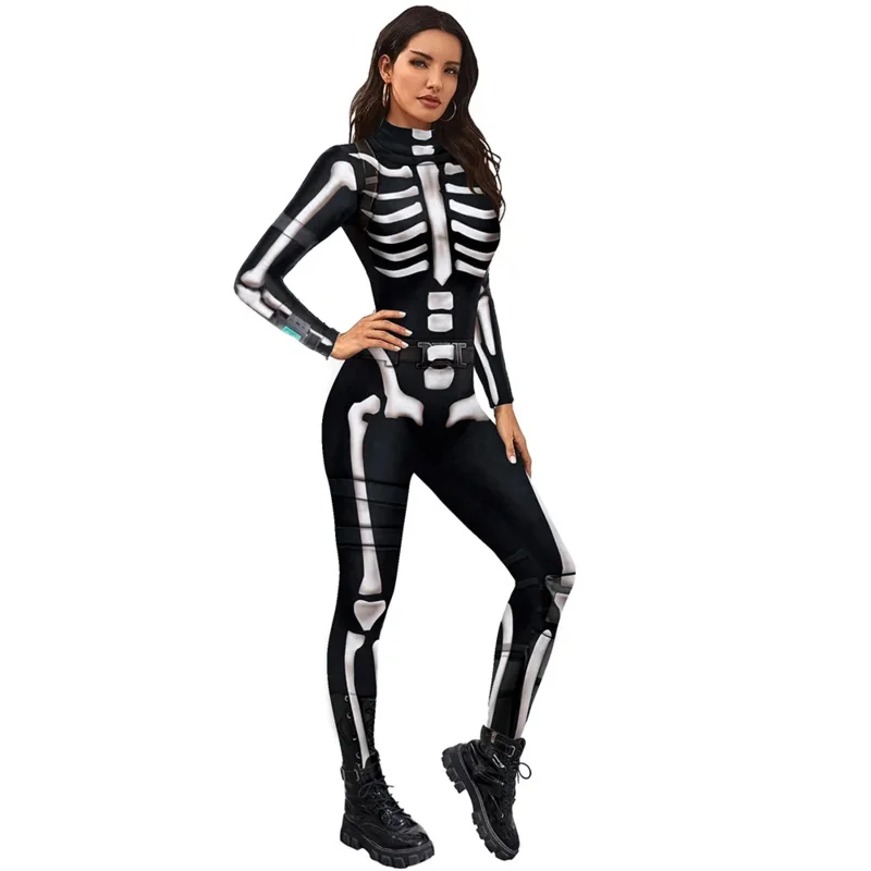 Mono con estampado de esqueleto para adulto, Cosplay de Halloween para mujer, actuación de fiesta de carnaval, mono de esqueleto humano aterrador C40X38 XC3488