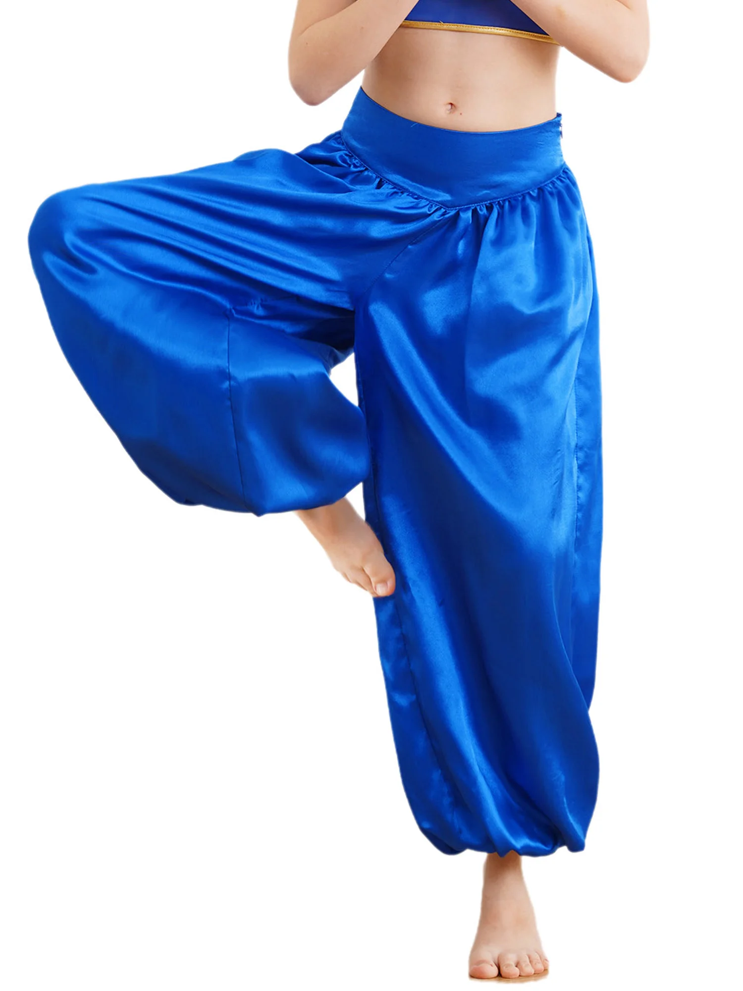 Kids Girls Belly Dance Performance Harem Pants Wide-Leg Satin Bloomers Trousers for Arabic Halloween Carnival Event Theme Party