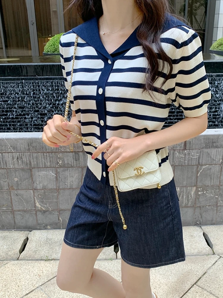 Women's Knitted Stripe Loose ort Sve Navy Collar Sweet Versatile Open Cardigan Top Color Blo Slimming Effectiven