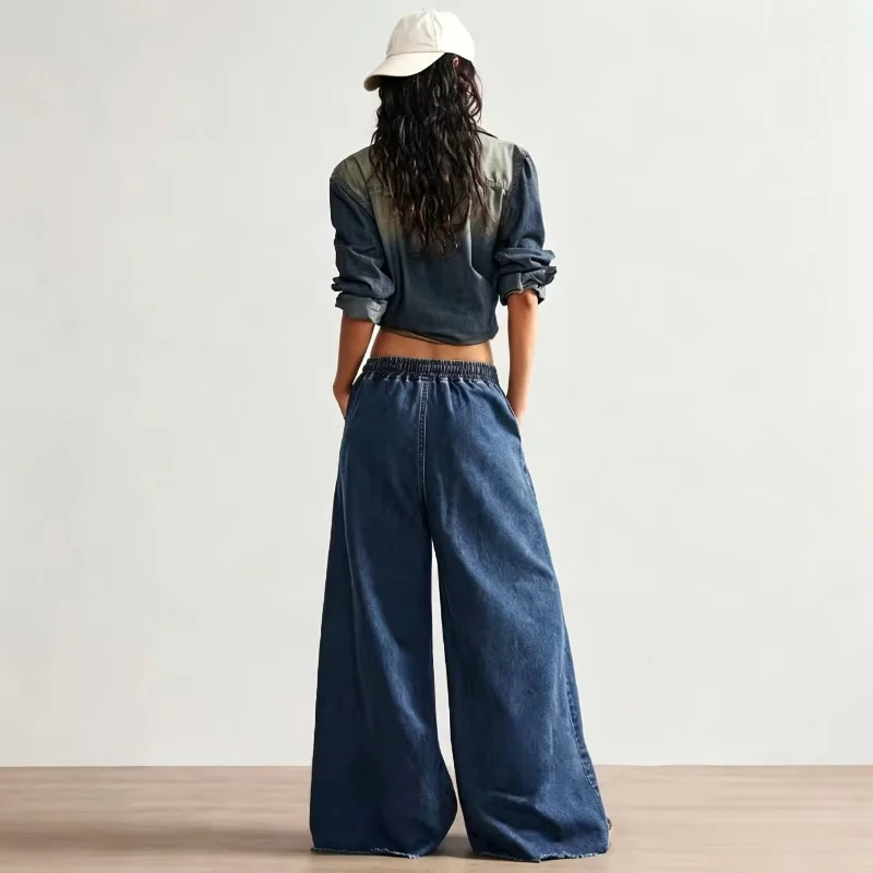 Retro Flower Embroidered Wide-leg Jeans, Elastic Waist Drawstring Burr Edge Design, Lazy Drape Floor-mopping Casual Pants