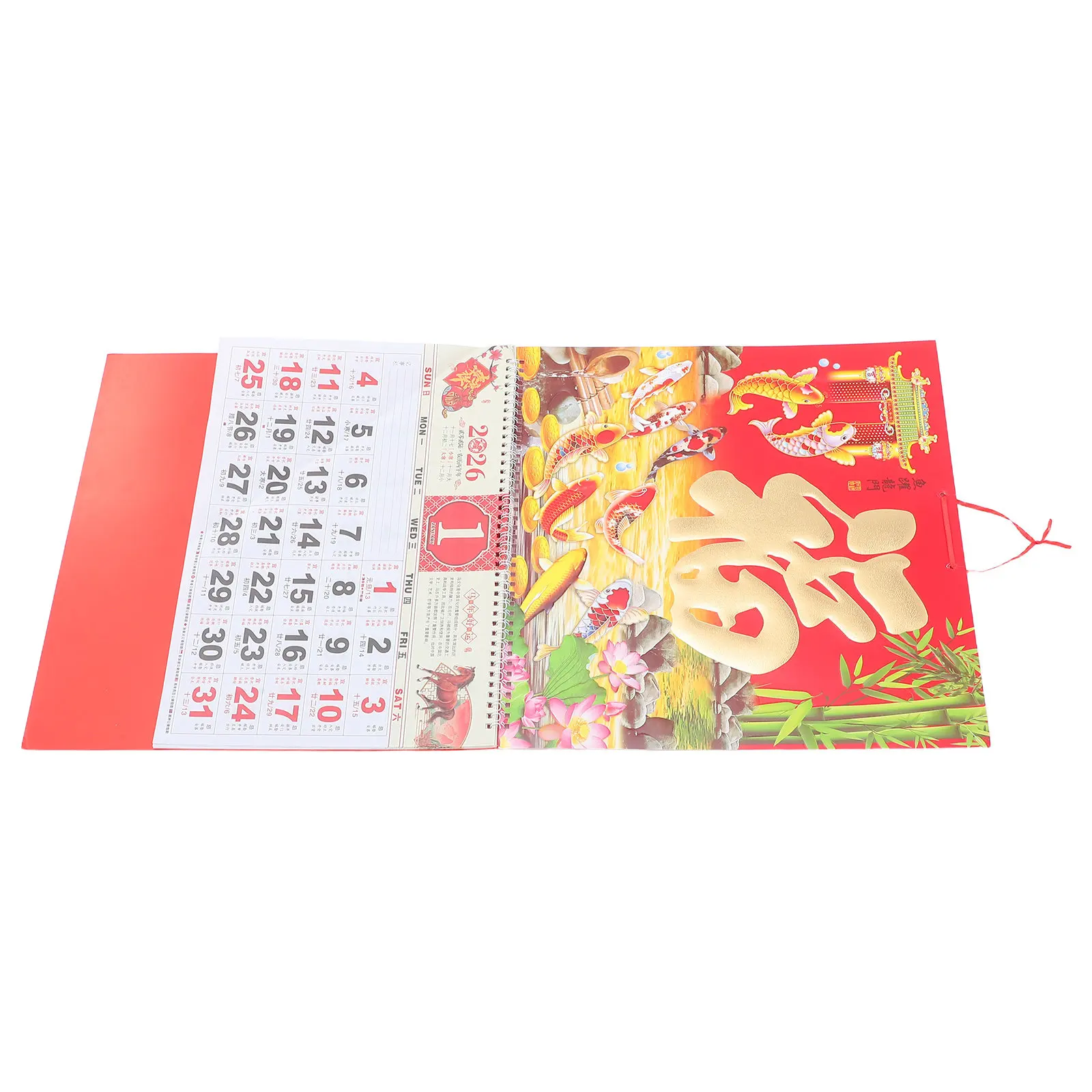 

2026 Year of Horse Lunar Calendar Traditional Chinese Wall Calendar with Gold Foil Fu Ornament Daily Planner Full Year Hanging