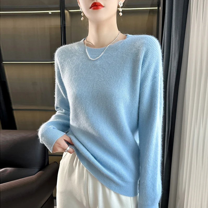 Women's pullover autumn/winter 100% cashmere sweater casual solid knitted sweater round neck loose Tops versatile basic Blouse