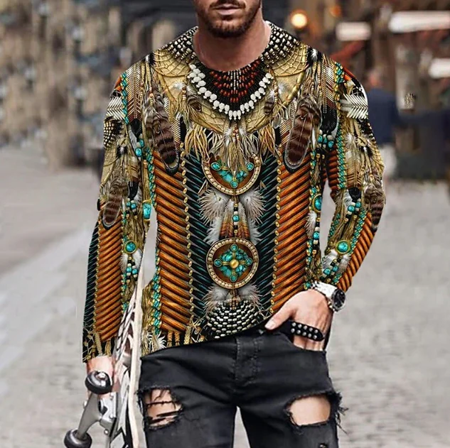 Indians Culture Men\'s Long Sleeve T-shirts 3D Print Fashion Harajuku Men T Shirt Top Street Loose Tee Casual Sports Men Clothing