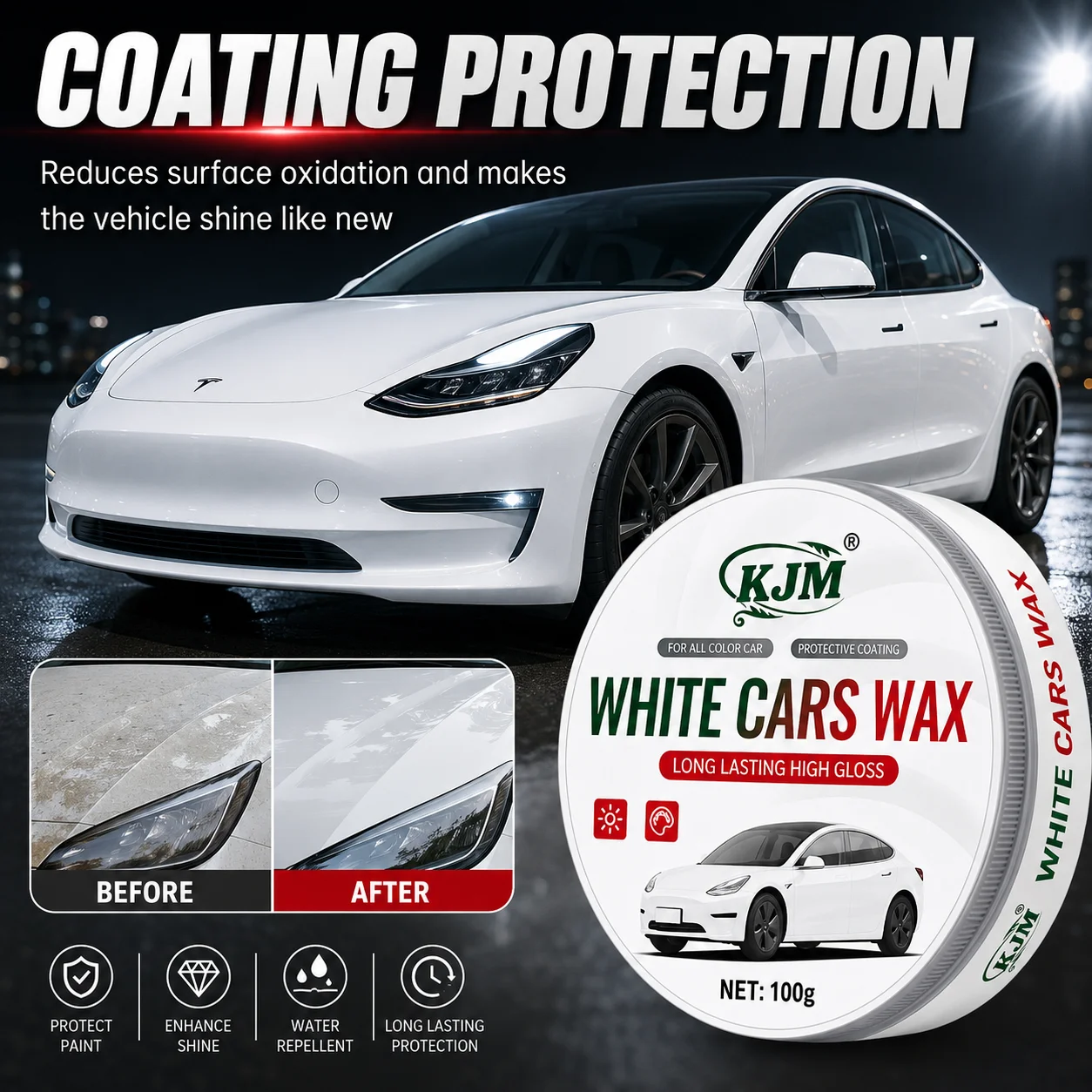 KJM 100g White Car Crystal Wax Hydrophilic Coating Decontamination Scratch Remover Gloss Polishing Paint Care