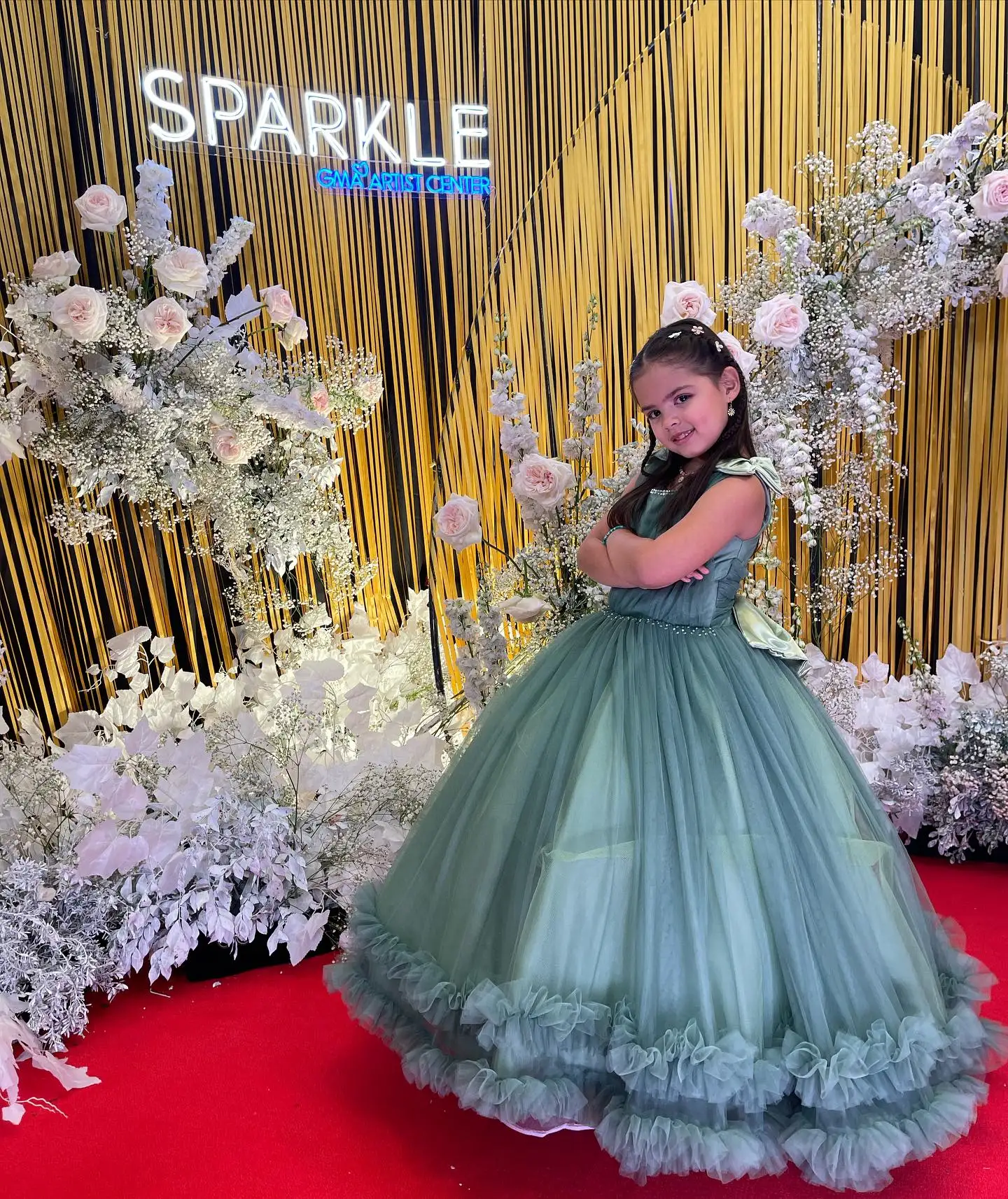 Vestido de princesa de flores para niña, vestido de fiesta de boda, vestido de baile verde, vestido de primera comunión, lazo grande en la espalda