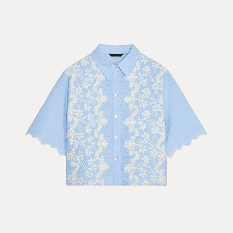 قميص قصير عصري مطرز للنساء صيف 2025 وصول جديد من ألياف البوليستر بأكمام عادية الطول #3