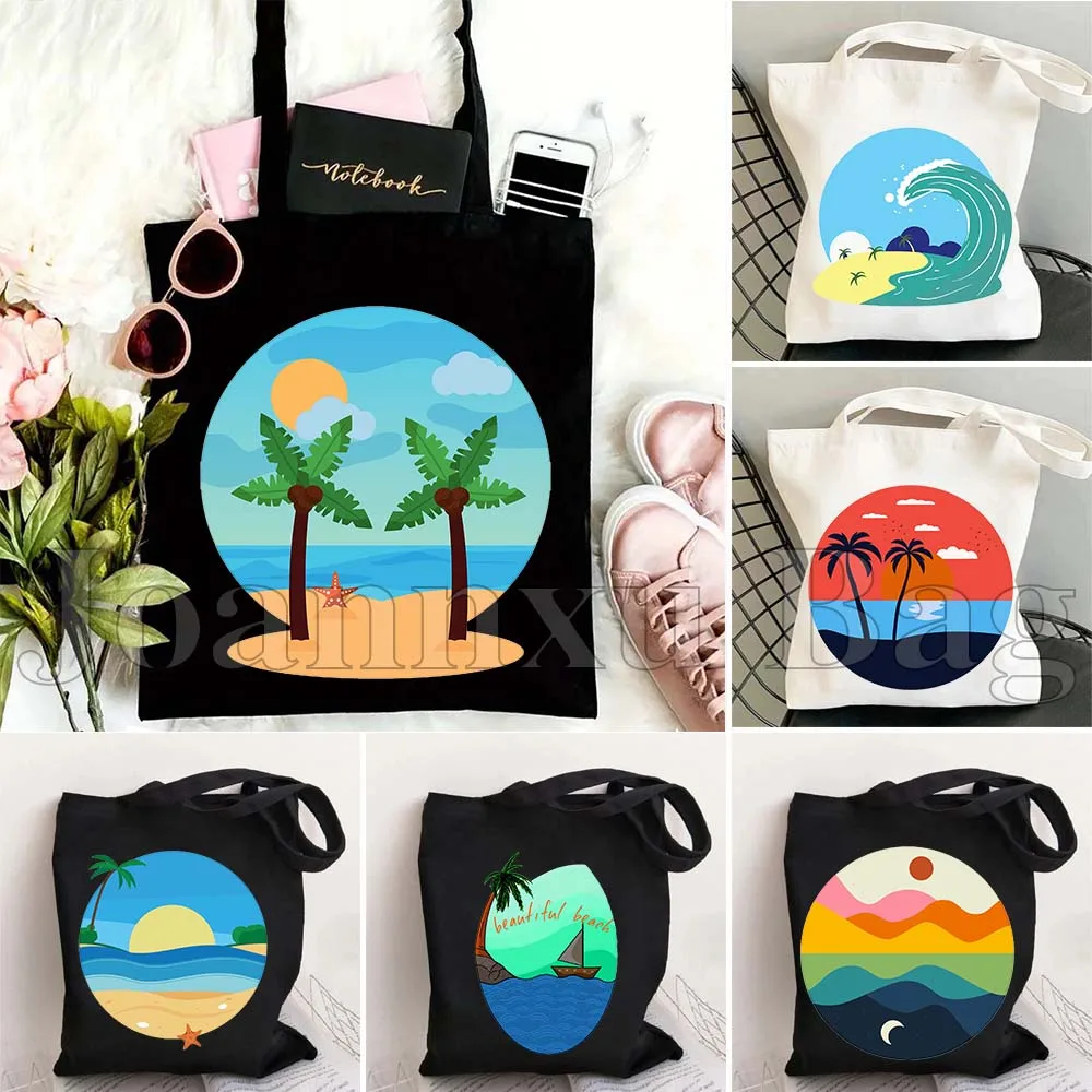 

Tropical Summer Beach Coast Ocean Waves Sea Sunrise Landscape Gifts Canvas Shoulder Tote Bag Harajuku Shopper Reusable Handbag