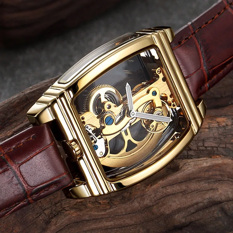 Fashion Tonneau Dial Transparent Watches Men Gold Tourbillon Watches Men Automatic Mechanical Wristwatches Montre Homme SHENHUA