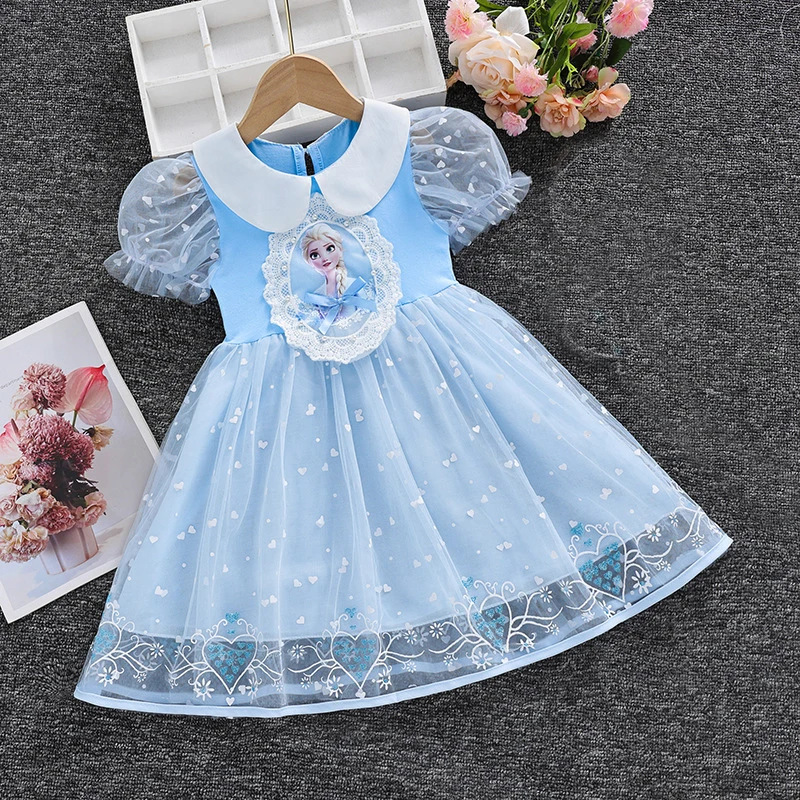 Girls' Frozen Short Sleeve Princess Dress, Kids Party Dresses, Roupa infantil, Bebê, Novo, Roupas de verão, Elsa, 3-8 Anos, 2021