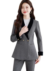 Elegant Women Pant Suit Blazer Coffee Gray Female Office Ladies Business Work Wear Jacket and Trouser Formal 2 Piece Set
