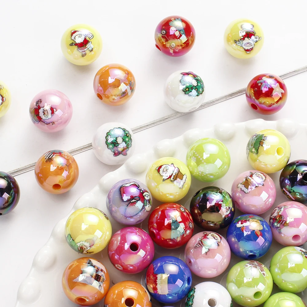 10 Stück 16mm Weihnachtsmann-Acrylperlen, bunte, farbverlaufend bedruckte Zwischenperlen für Weihnachts-DIY-Armbänder und Schmuckzubehör – Detail 5
