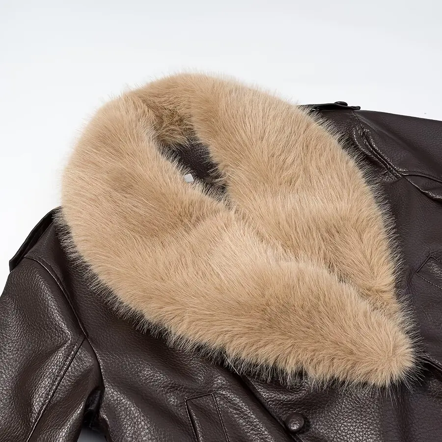 2025 Otoño e Invierno nuevo estilo europeo y americano cuello de piel desmontable chaqueta de motocicleta de cuero PU chaqueta de moda