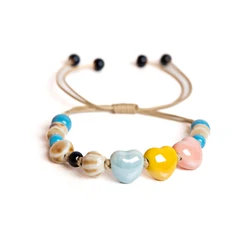 Handmade Adjustable Ceramic Heart Bead Bracelet for Women Waxed Cord Jewelry Gift Adjustable Size Trendy Accessories