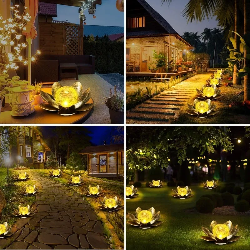 Solar Outdoor Simulation Lotus Flower Light Iron Glass Cracked Ball Decorative Landscape Lamp 1/2Pcs New Design