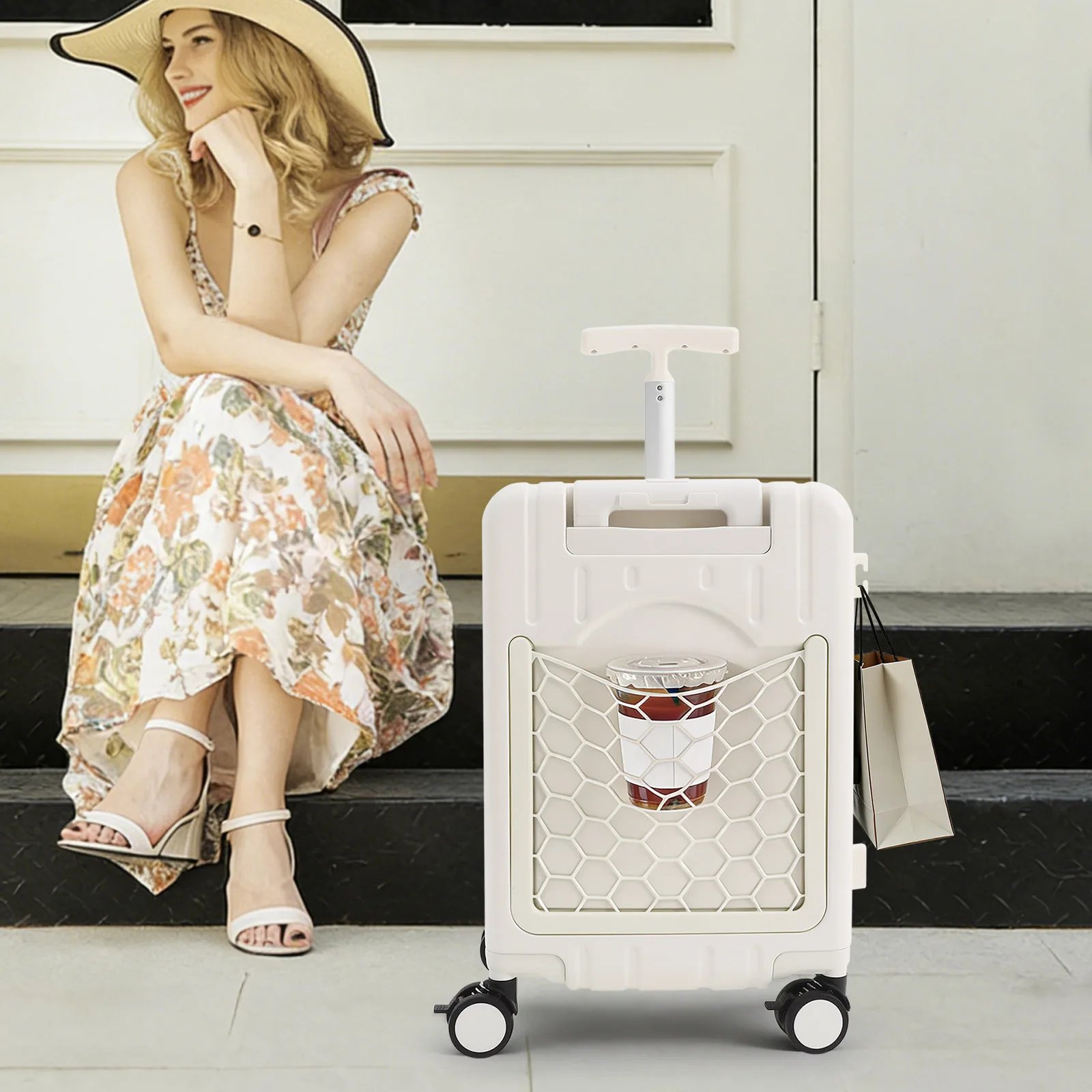 

20'' Adjustable Double Handle Carry on Luggage, Protable Suitcase with Mesh Pocket, Ride on Luggage with Wheels & Tsa Lock