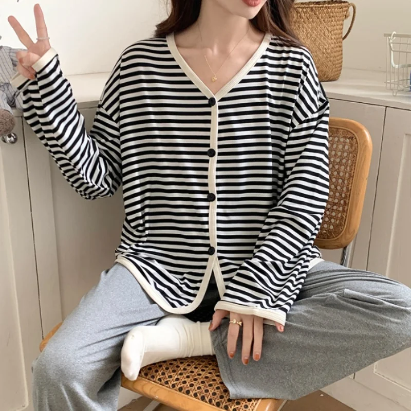 Winter New Comfort V Neck Loose Large Size Pajama Set Women's Home Wear Ventilate Pajamas Two-Piece Set Stripe Pyjama Pour Femme