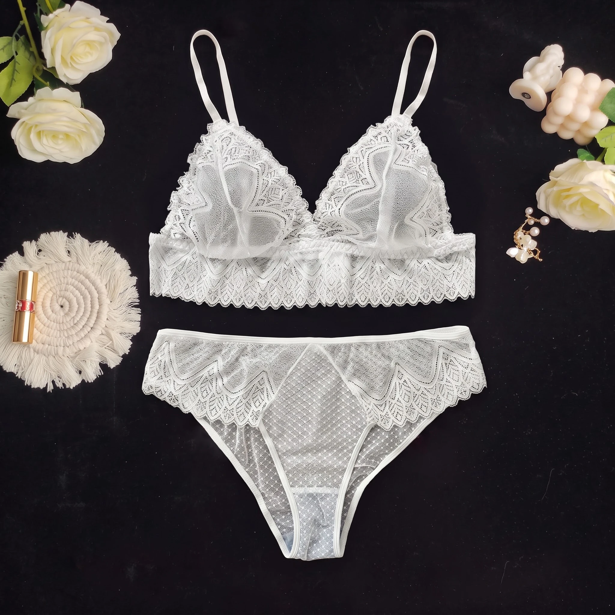 Plus Size Women Sexy White Lace Mesh Bra and Panty Set Wireless Comfortable Breathable Fitted Daily Home Wear