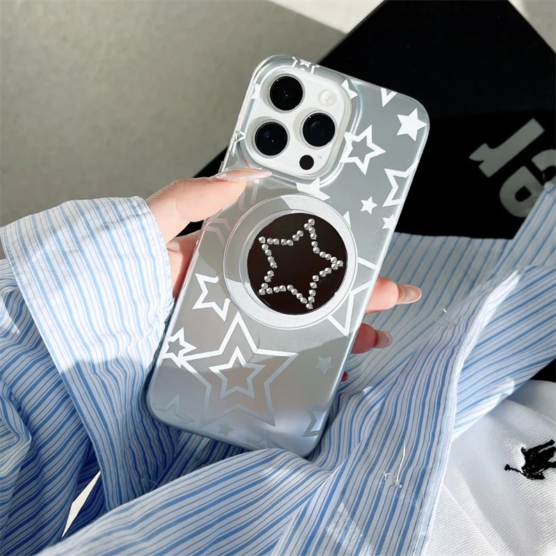 

Fashion Plating Silve White Star Magnetic Phone Case For iPhone 17 Pro 15 16 14 Pro Max Cover with Stand Shockproof Cute Cases