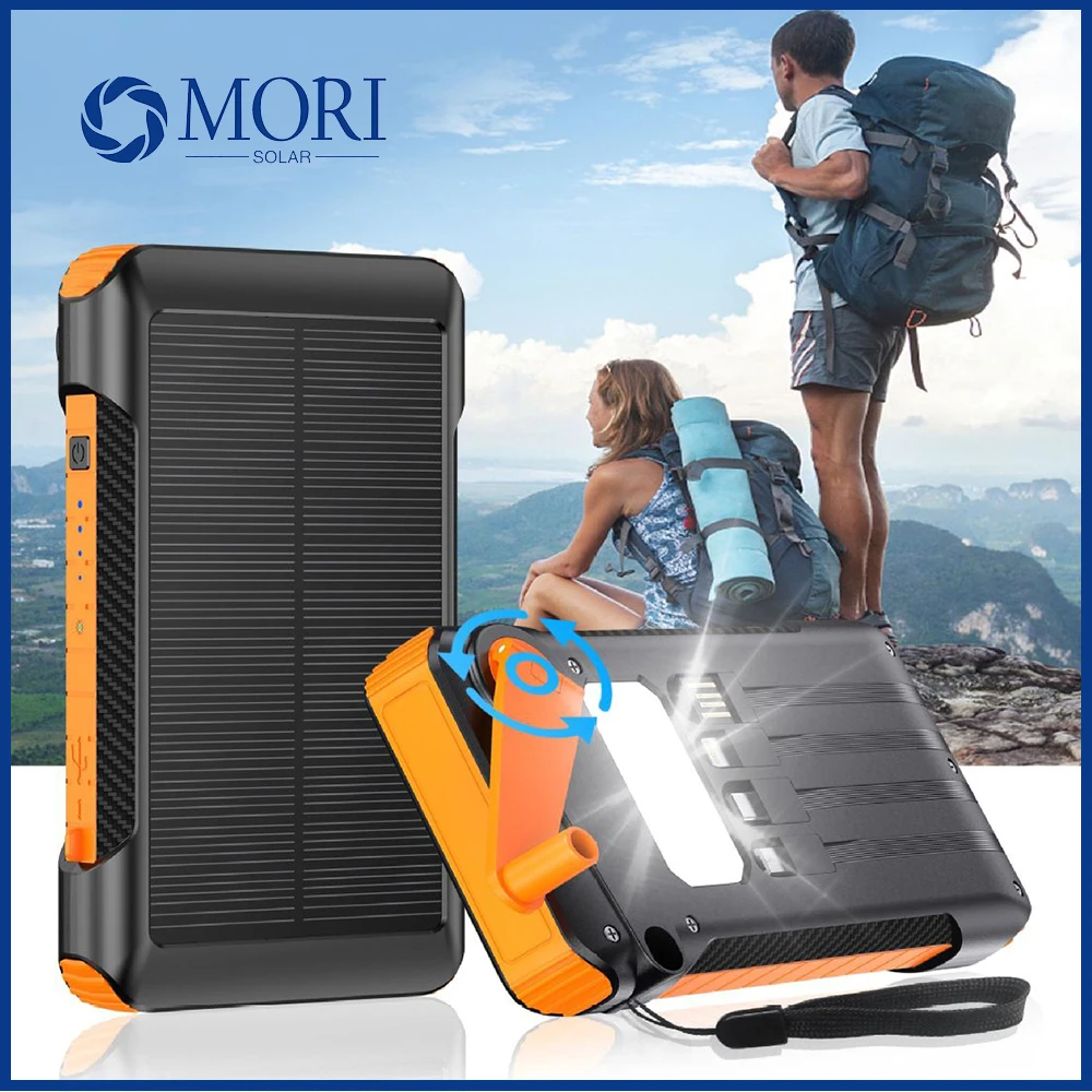 

10000/20000mAh Hand Crank and Solar Powered PD22.5W Fast Charging Power Bank Built-in Cables with Flashlight for Camping　