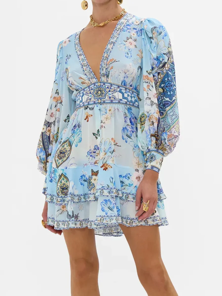

Женское шелковое платье с синим цветочным принтом, весна 2025, расшитое бисером, глубокий v-образный вырез, высокая талия, длинный рукав, элегантный женский мини-халат