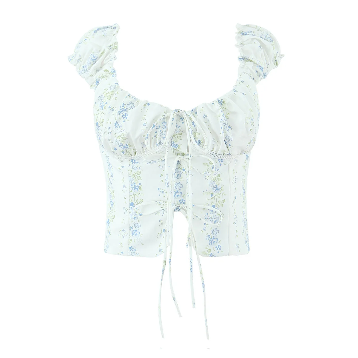 

French Style Top Drawstring Shirt Charming White Floral Top With Ruffled Sleeves For Women Sweet Lace Stylish Daily Wear YX41