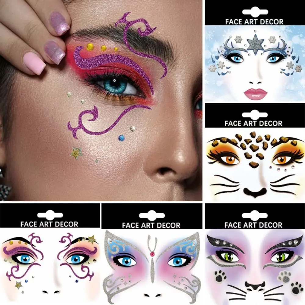 Fashion Shining Face Stickers Cartoon Swan Cat Leopard Glitter Makeup Stickers Glitter Butterfly Ice Face Art Decor