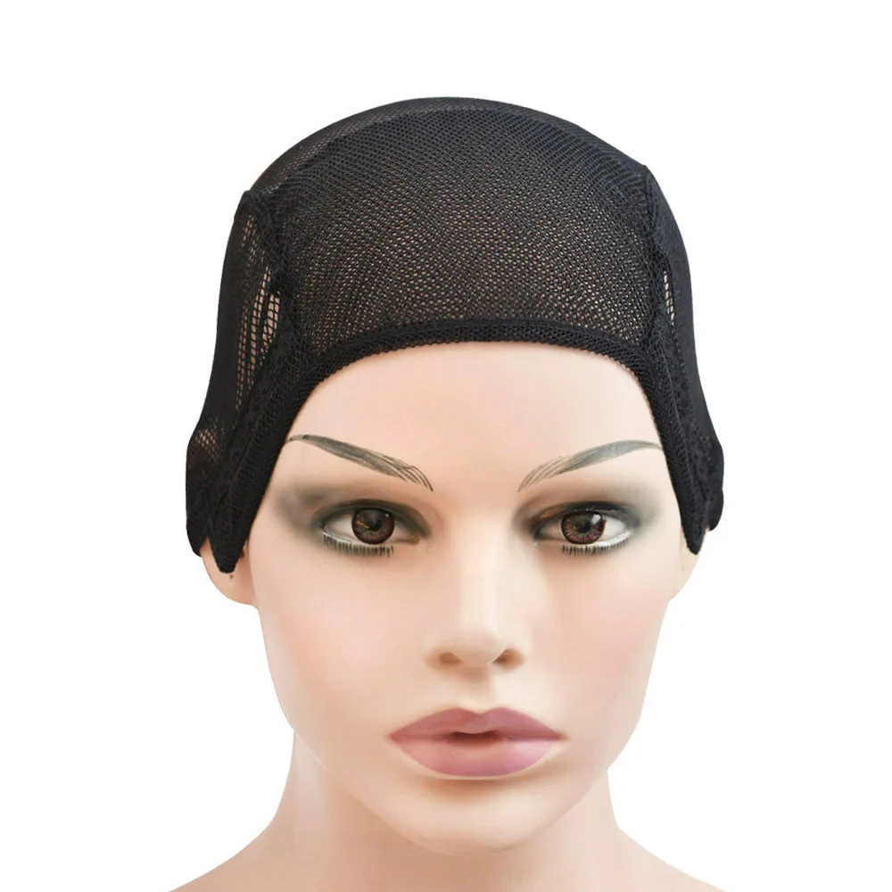 

1 Pc Black/Beige Mesh Weaving Caps Stretchable Front Double Lace Wig Caps with Adjustable Straps for Making Wigs (M/L)