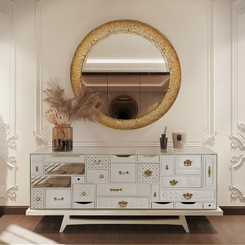 Round Wall Mirror with Brass Frame Gold Plated Filigree Design Luxury Decorative Furniture for Living Room Bedroom Interior