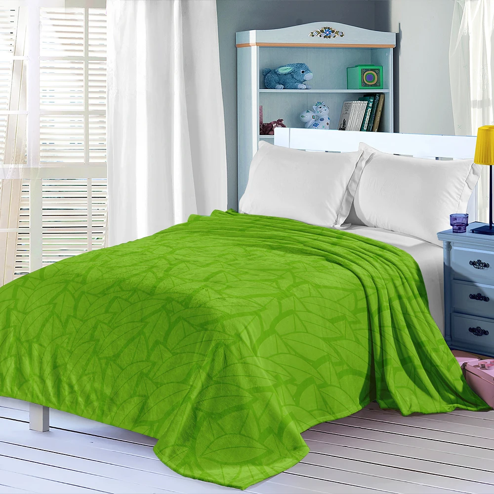 Green Leaves Dense Flannel Blanket Perfect For Sofa Office Bed Travel Sleep Read Relax Camping Four Season Use