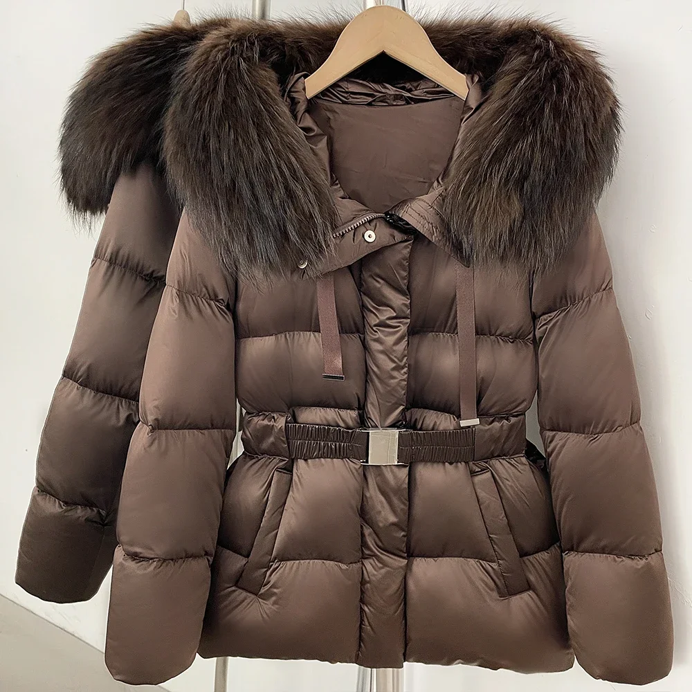 OFTBUY Winterjacke mit Echtem Kaninchenfellkragen, 90% Entendaunen, Damenjacke mit Reißverschluss und Taillenbund, Modische Echte Pelzoberbekleidung für Damen – Detail 10