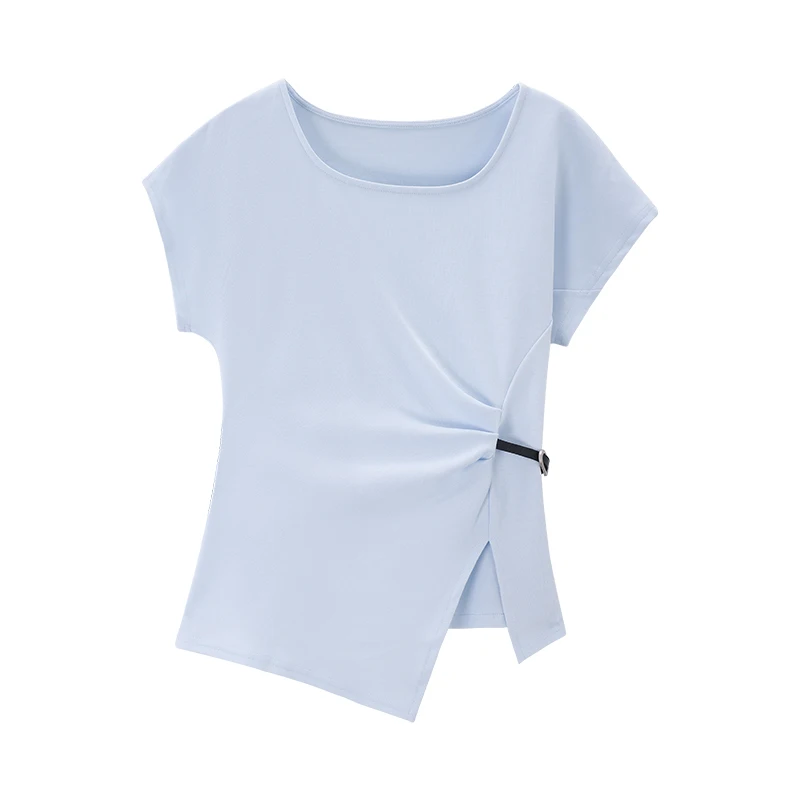 ALXNAN Blauw T-shirt voor Vrouwen Elegante U-hals Onregelmatige Geplooide Katoenen T-shirt 2025, Zomer Casual Korte Mouw Tops Vrouwelijke L56601
