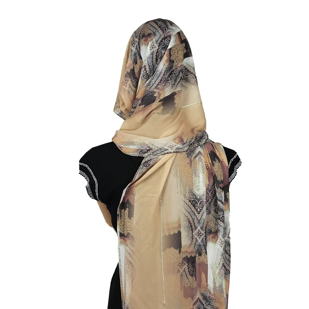 Foulard arabe en mousseline de soie pour femmes, imprimé strass doux, Beige marron gris artistique Hijab2519